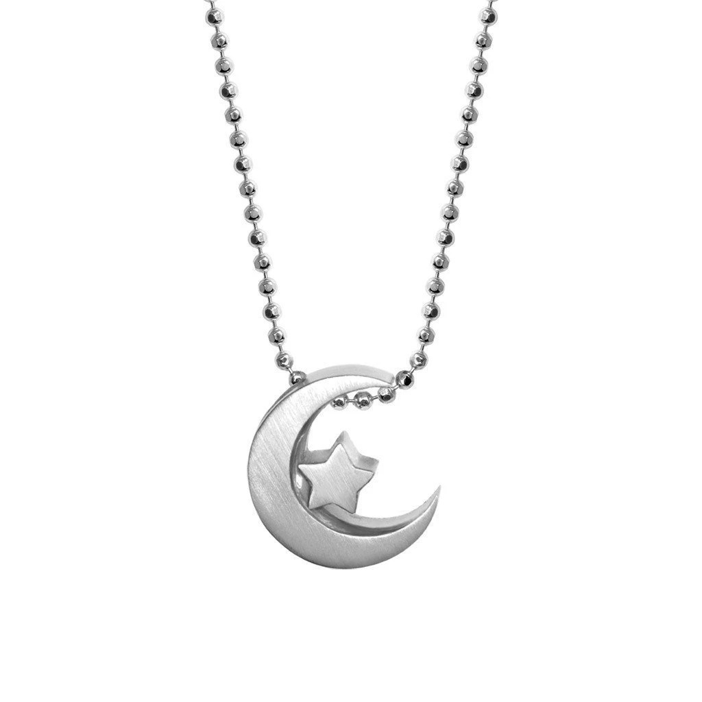 Crescent moon and star in silver with a ball type chain