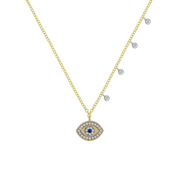 Petite evil eye necklace in yellow gold with diamonds and blue sapphire in the center, diamond charms dangling on the ring