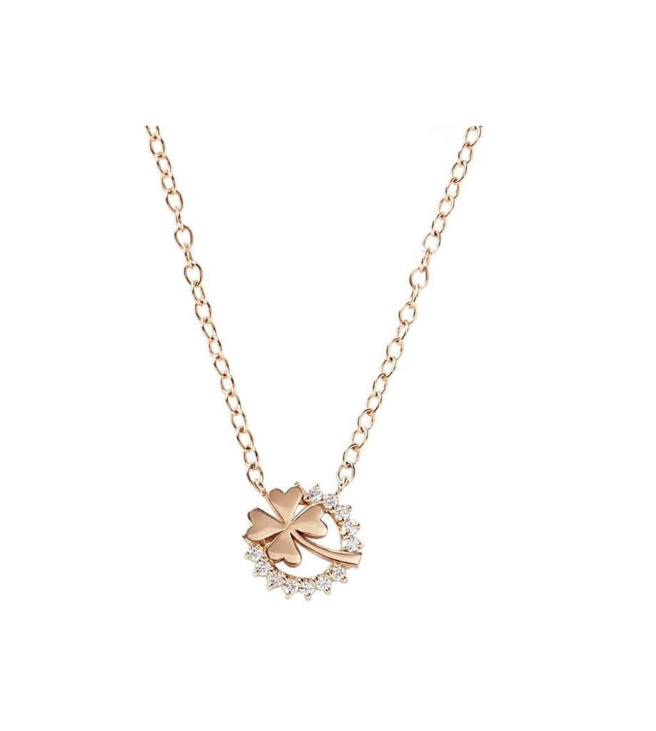 Rose gold clover symbol necklace flanked with a halo of white diamonds