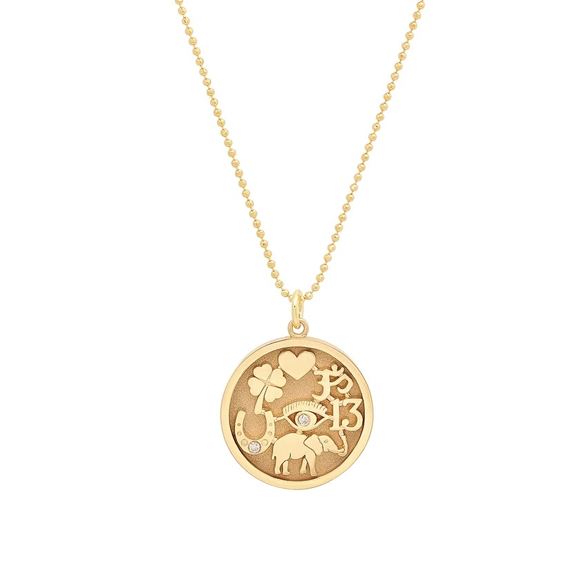 Medallion type yellow gold pendant with lucky symbols of heart, clover, om, 13, elephant, evil eye and horseshoe