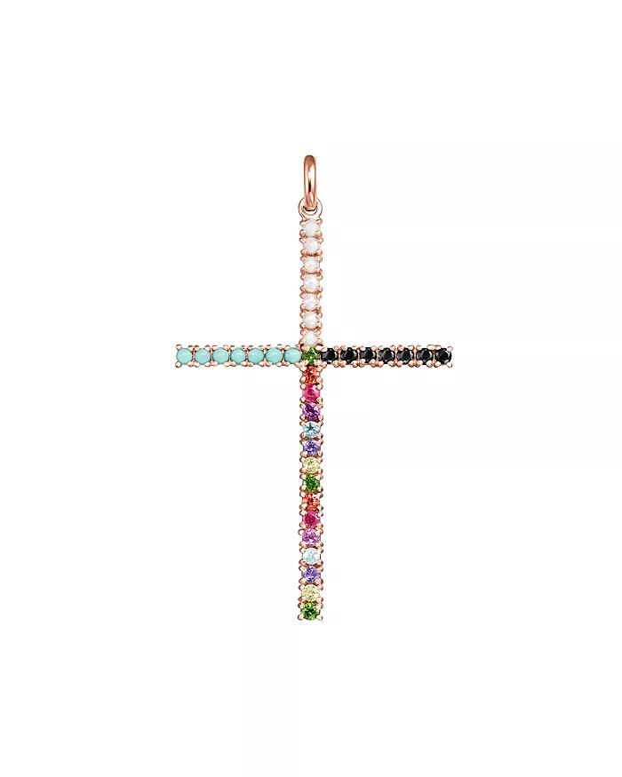 Cross pendant in gold plated silver and set with colorful gemstones
