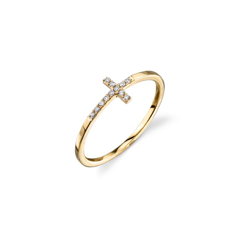 Horizontally inclined cross ring in yellow gold and diamonds