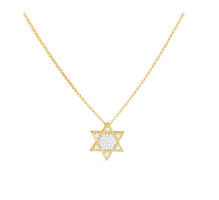 Star of David necklace with cable type yellow gold outline and filled with diamonds in the center