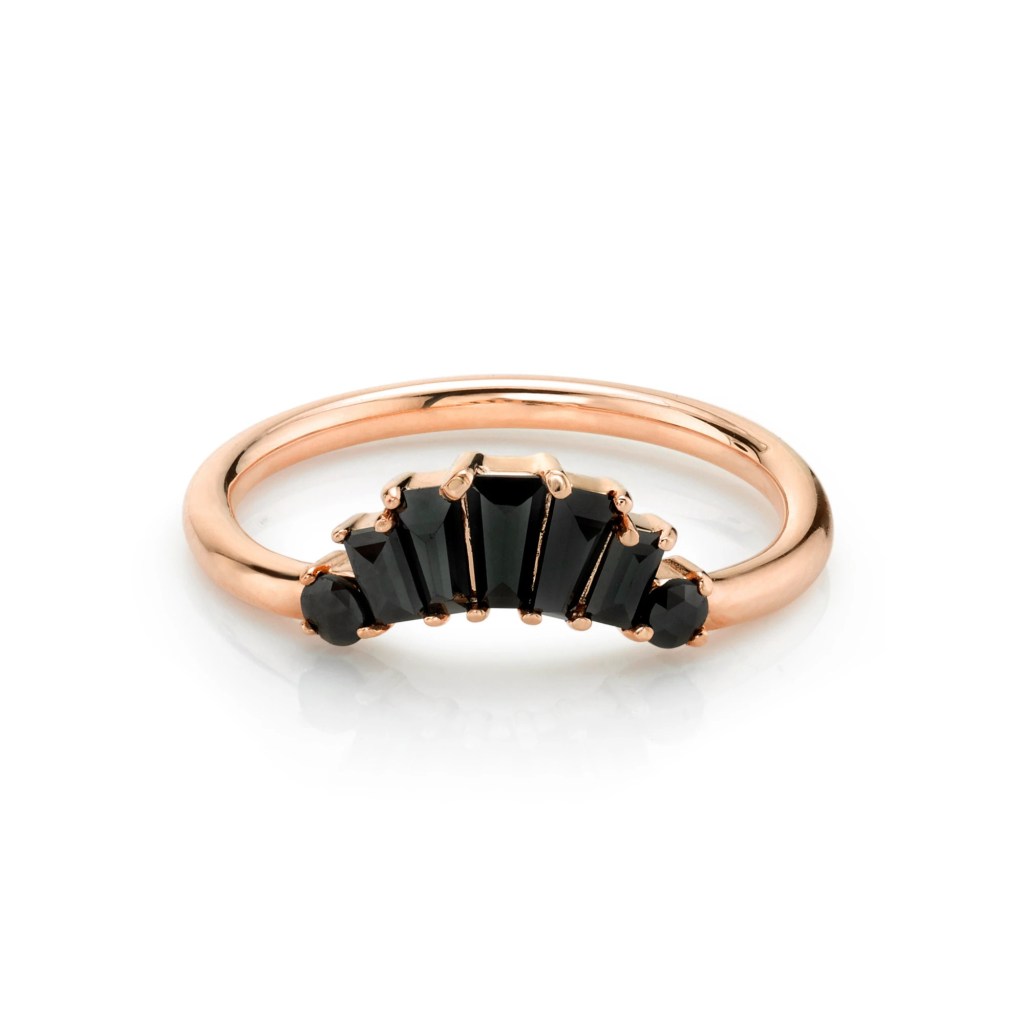 Black baguette diamonds set in a rose gold band.