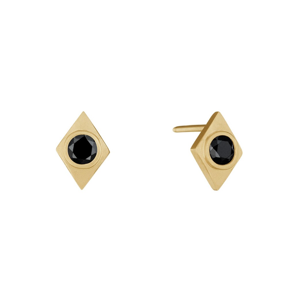 Yellow gold kite shaped studs with black diamonds in the centre.