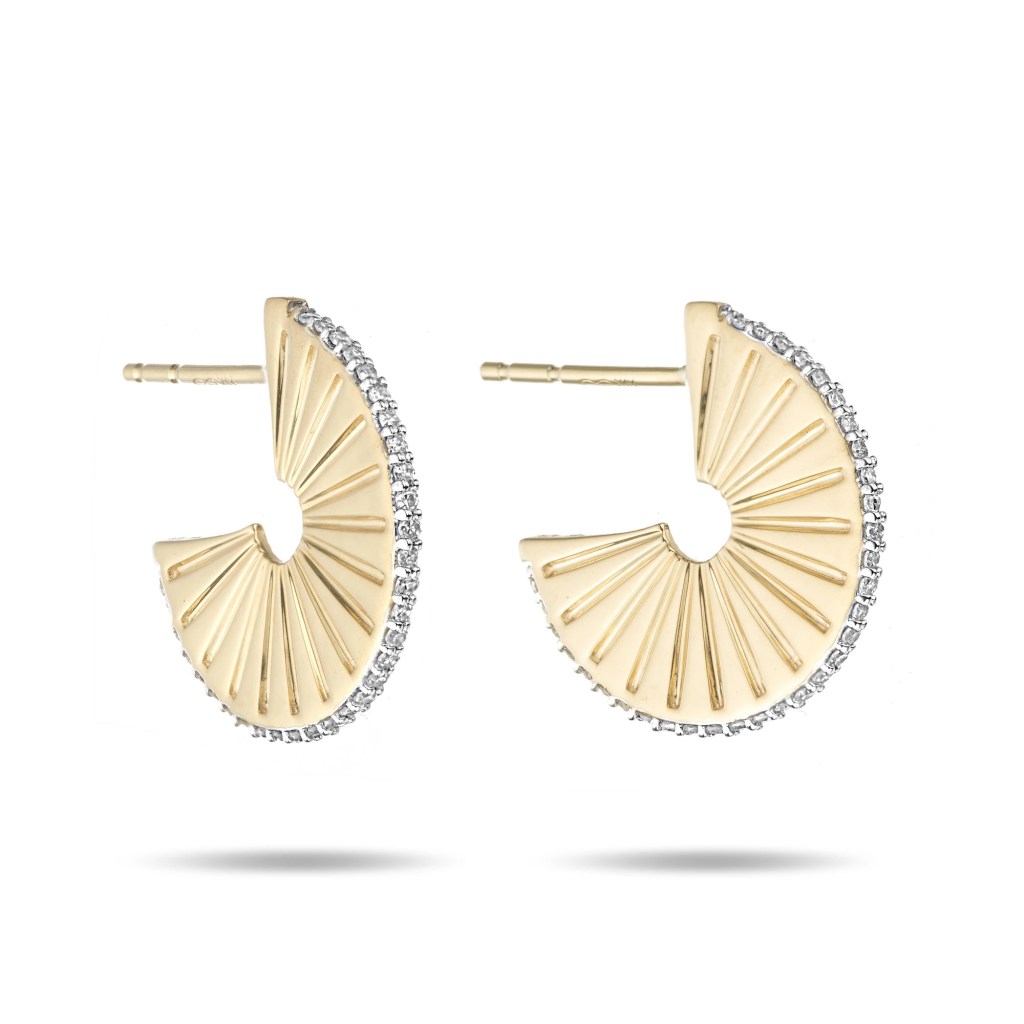 Engraved lined on yellow gold hoops with diamonds on the outside edge.