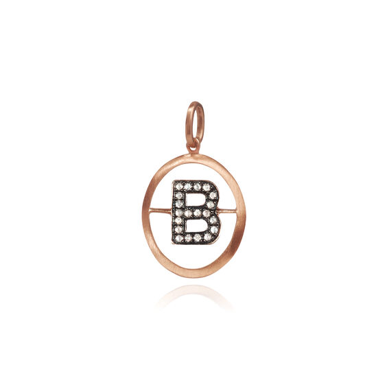 Letter B pendant in black plated gold and diamonds surrounded by oval textured rose gold rim.