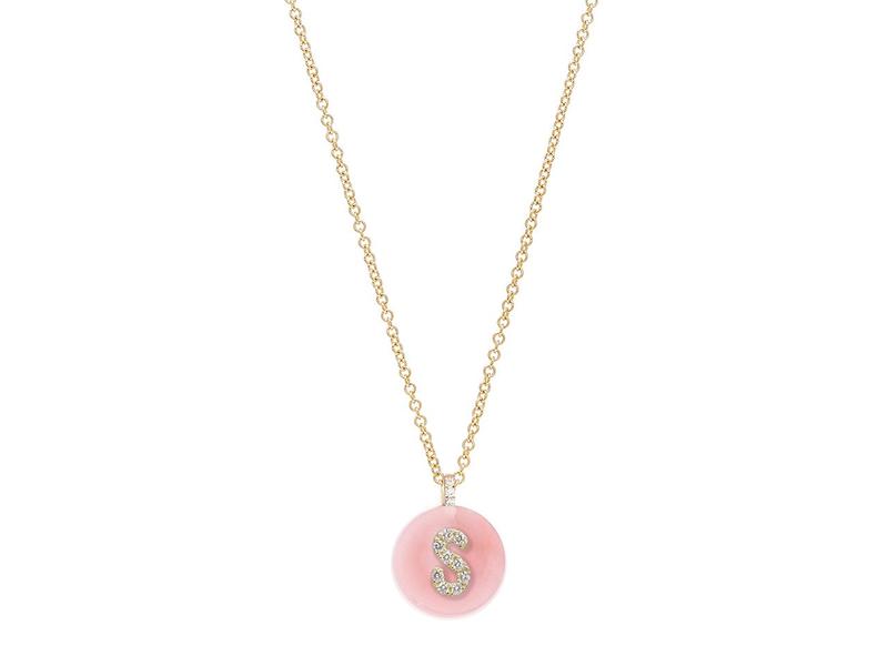 Diamond studded letter S set on a round shaped pink opal necklace.