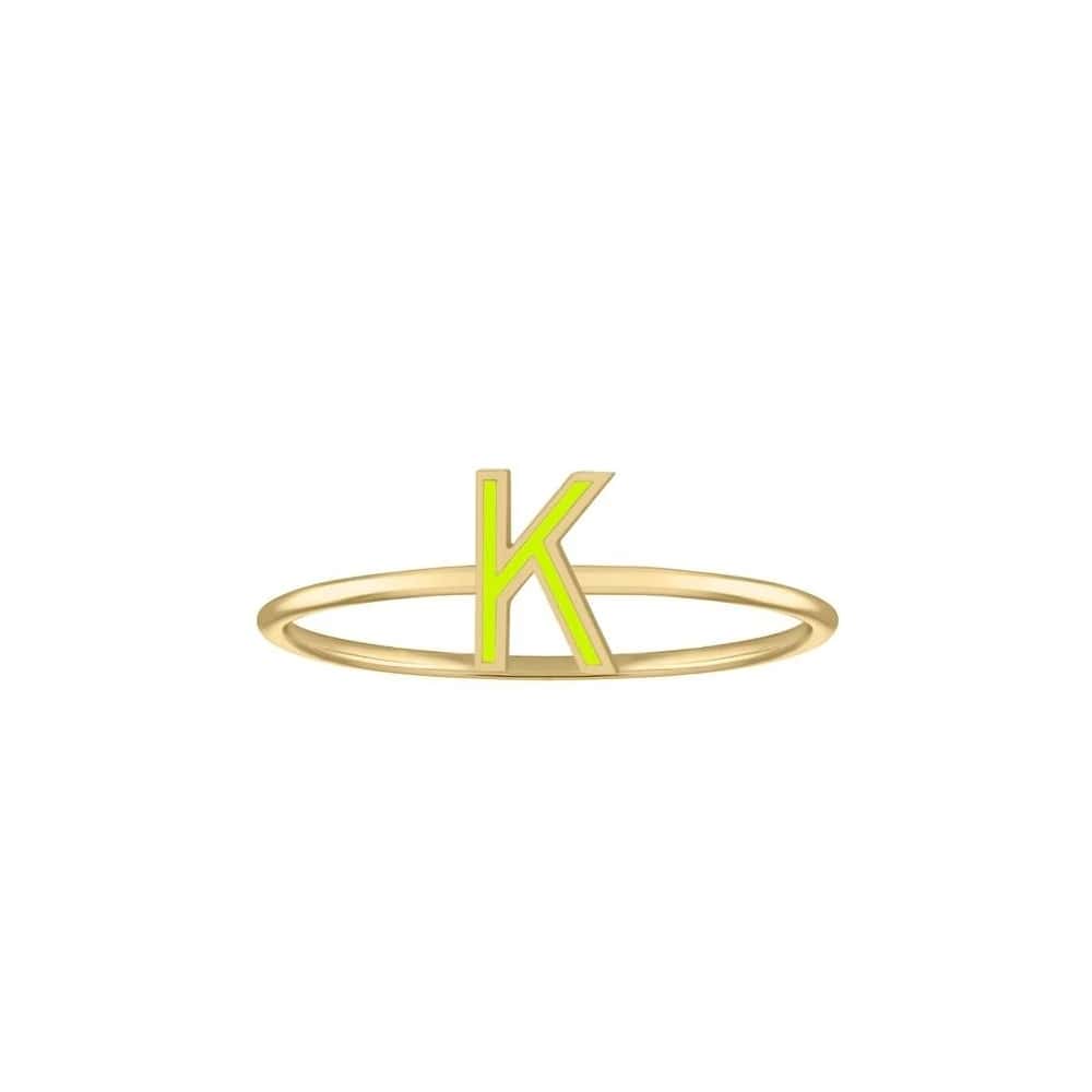 Yellow gold band with lime yellow enamel filled alphabet K.