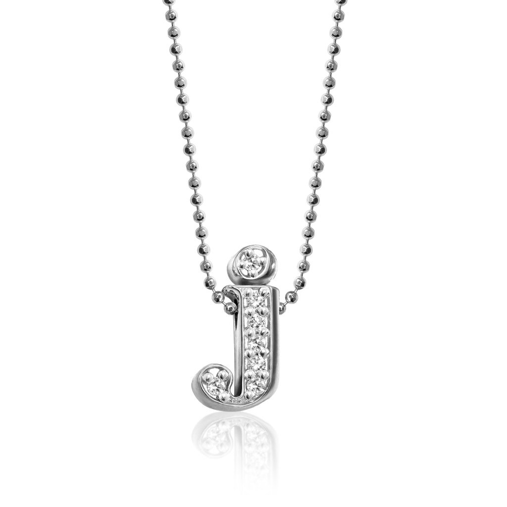 Small letter J in white gold and diamonds strung on a ball type chain.