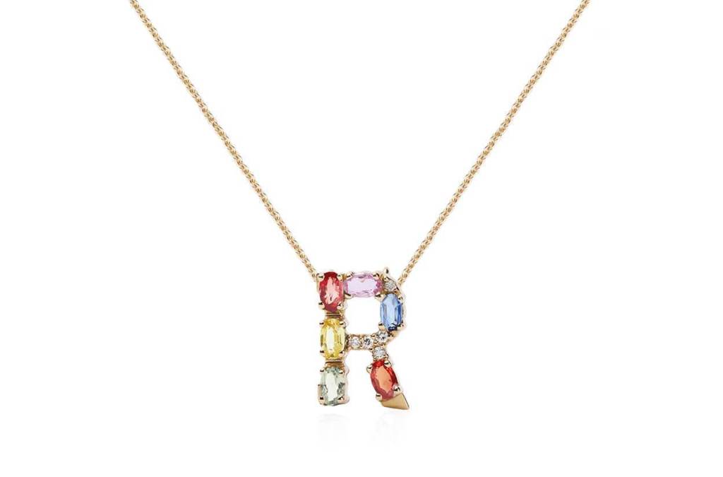 Letter R necklace studded with color stones and diamond accents.