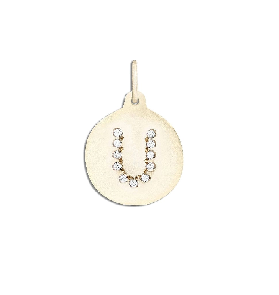 Gold disc pendant with letter U set in diamonds in the centre.