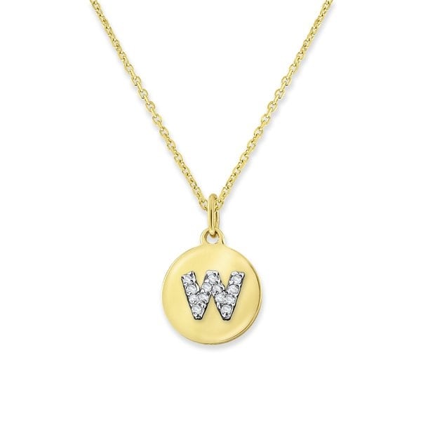 Yellow gold disc pendant with white diamond studded letter W.