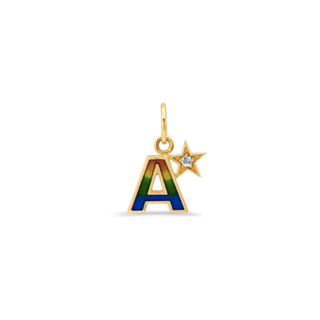 Letter A pendant in yellow gold filled with rainbow colored enamel and a diamond in the star shape motif.