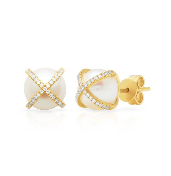 Yellow Gold Diamond x Pearl Stud Earrings — Anne Sisteron